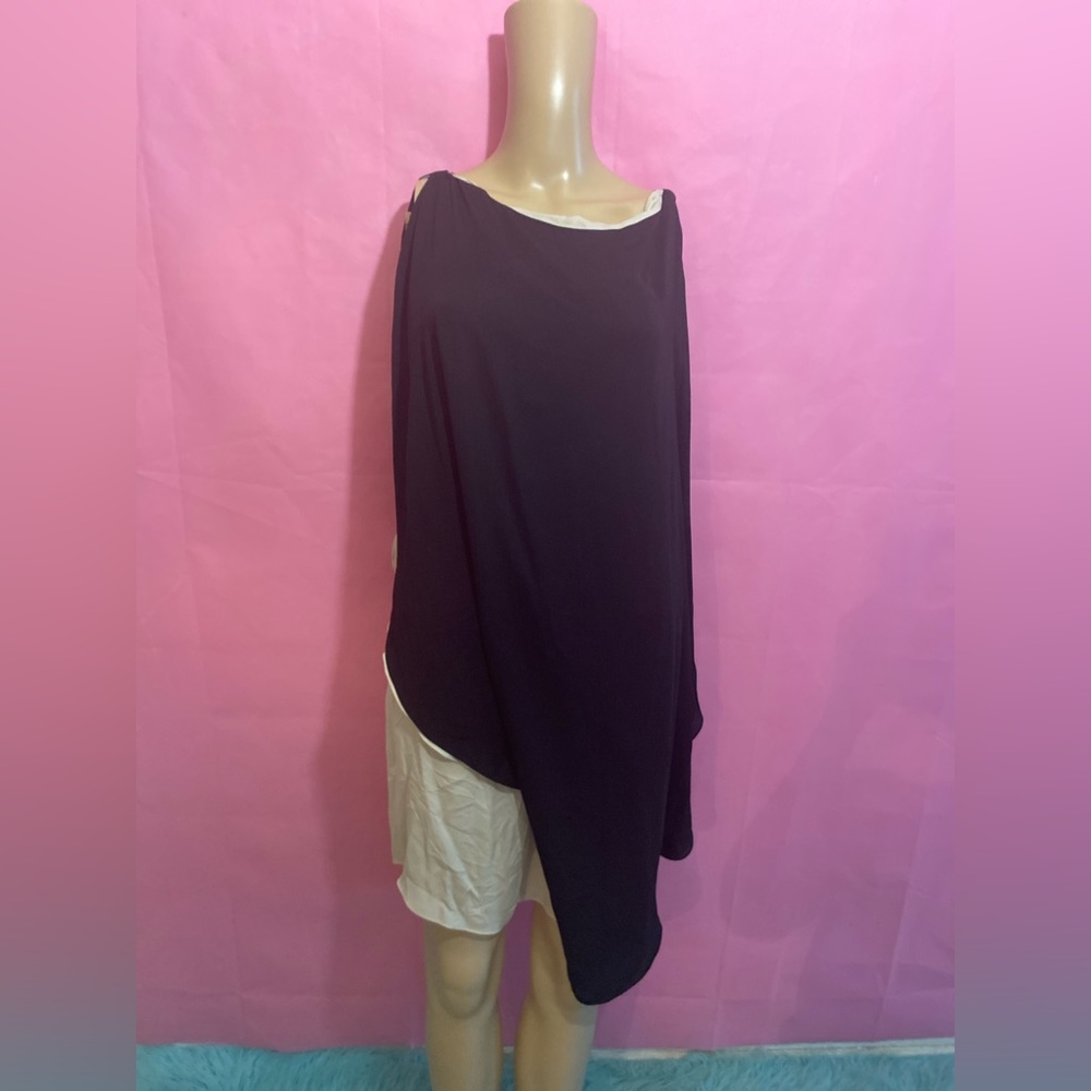 Halston Heritage flowy black champagne dress with shoulder slits & belt sz XXS-S